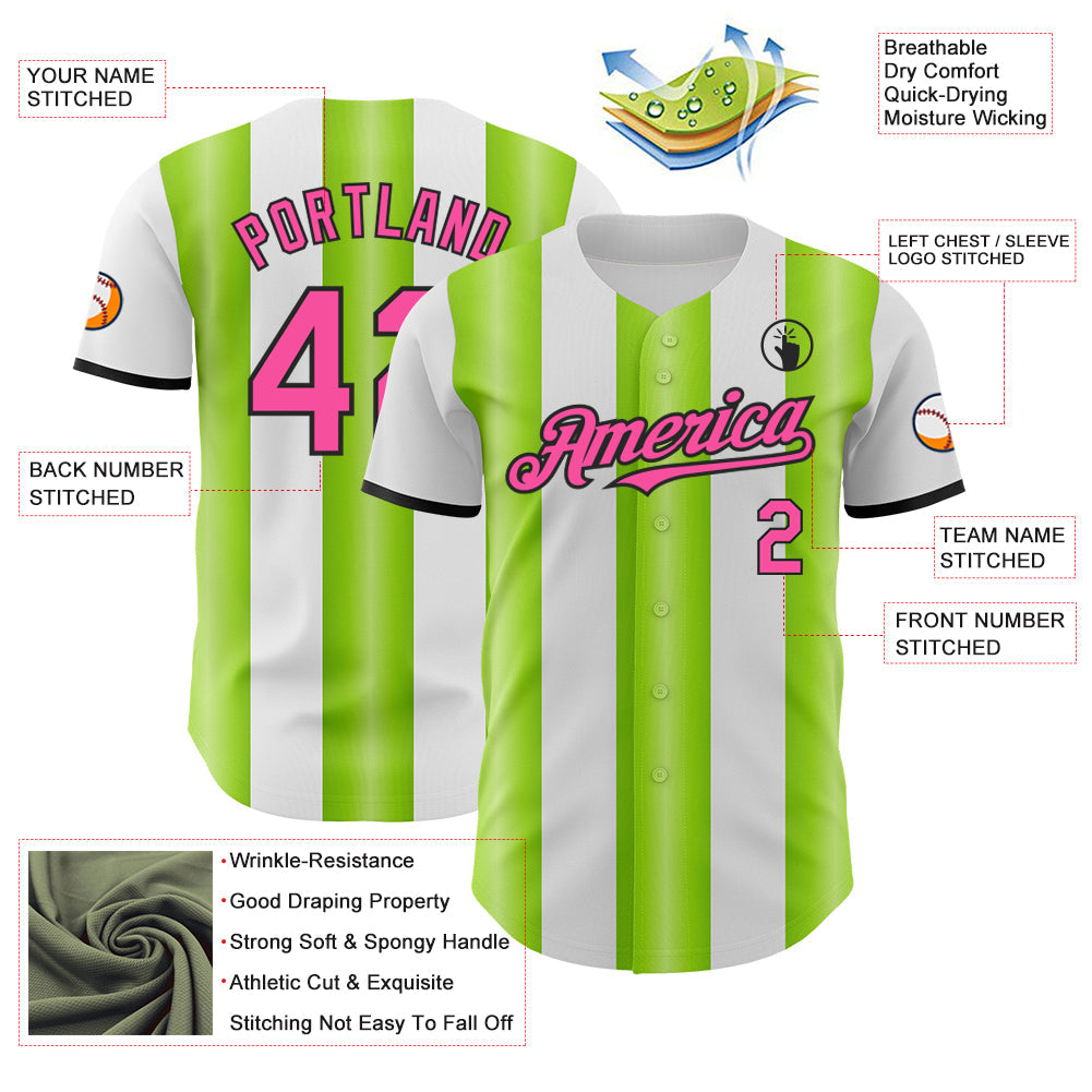 Custom White Pink Neon Green-Black Gradient Vertical Stripe Argentina Style Authentic Baseball Jersey