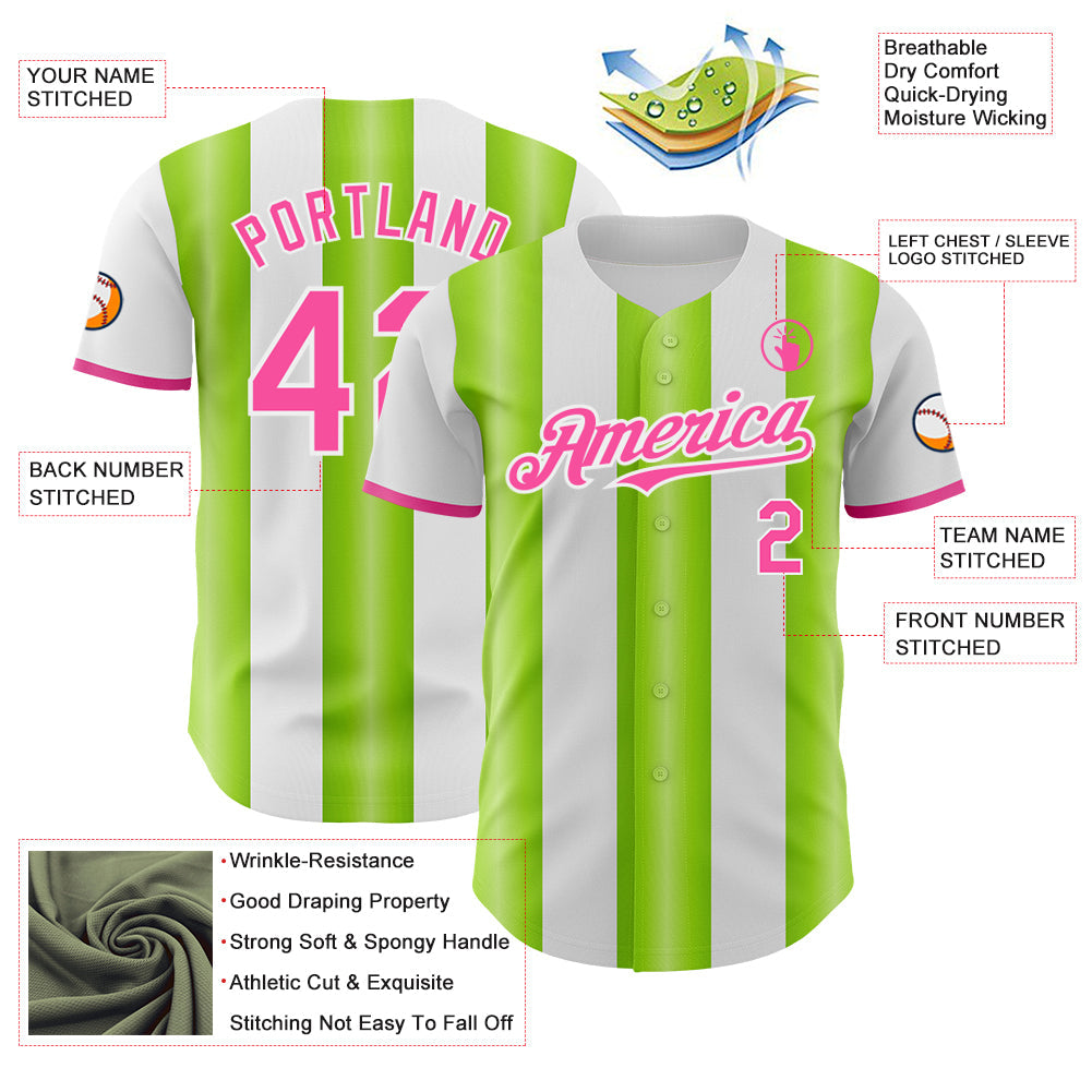 Custom White Pink-Neon Green Gradient Vertical Stripe Argentina Style Authentic Baseball Jersey