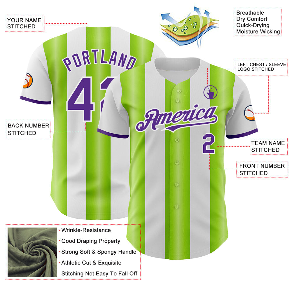 Custom White Purple-Neon Green Gradient Vertical Stripe Argentina Style Authentic Baseball Jersey