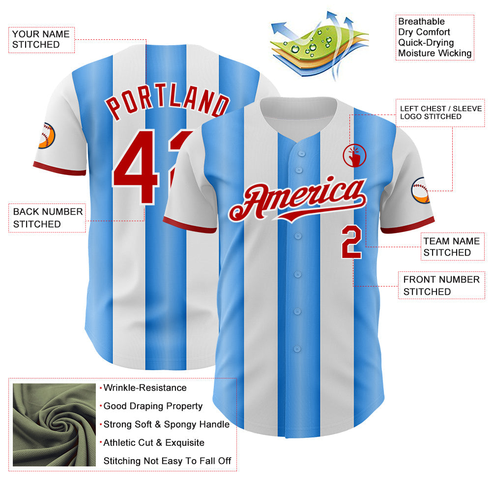 Custom White Red-Electric Blue Gradient Vertical Stripe Argentina Style Authentic Baseball Jersey