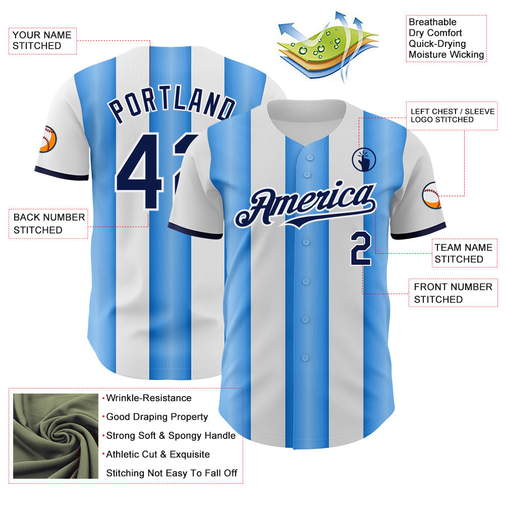 Custom White Navy-Electric Blue Gradient Vertical Stripe Argentina Style Authentic Baseball Jersey