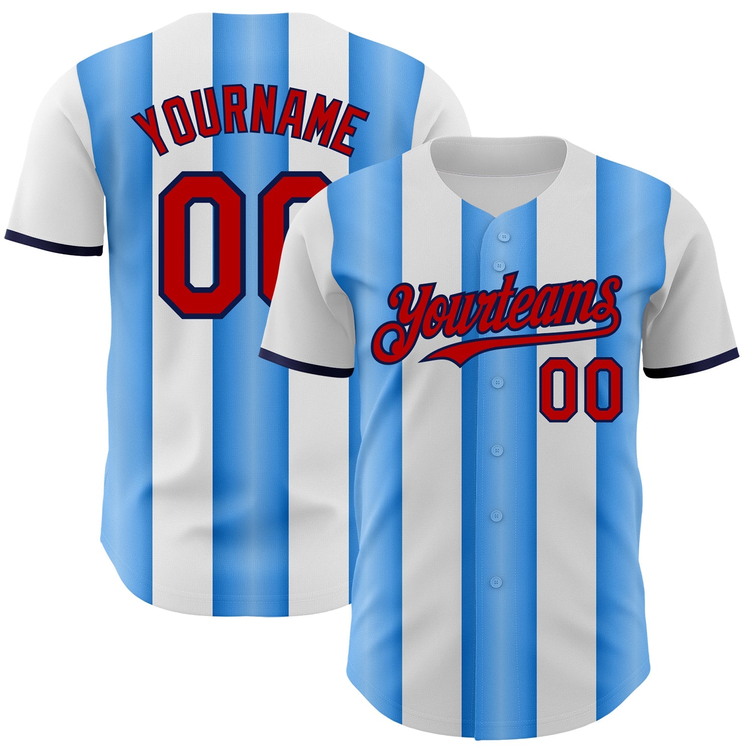 Custom White Red Electric Blue-Navy Gradient Vertical Stripe Argentina Style Authentic Baseball Jersey