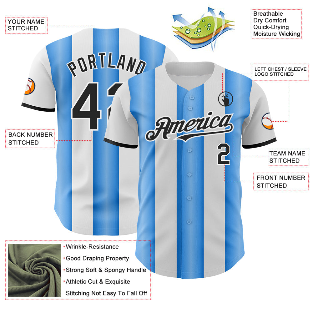 Custom White Black-Electric Blue Gradient Vertical Stripe Argentina Style Authentic Baseball Jersey