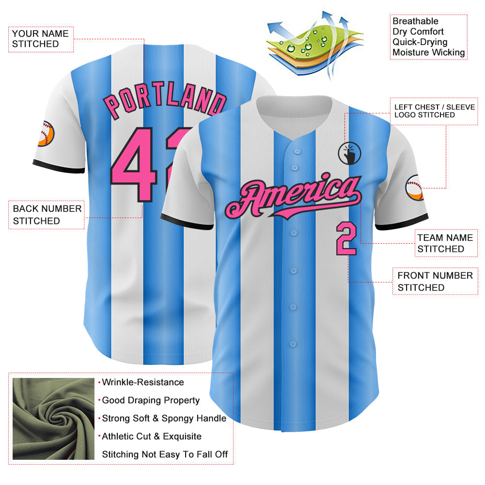 Custom White Pink Electric Blue-Black Gradient Vertical Stripe Argentina Style Authentic Baseball Jersey