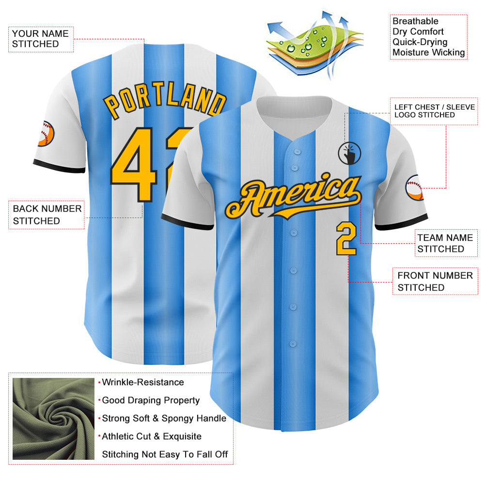 Custom White Gold Electric Blue-Black Gradient Vertical Stripe Argentina Style Authentic Baseball Jersey