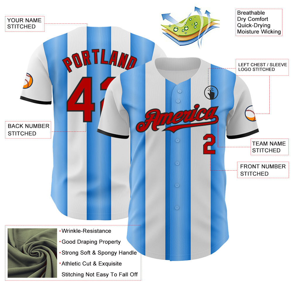 Custom White Red Electric Blue-Black Gradient Vertical Stripe Argentina Style Authentic Baseball Jersey