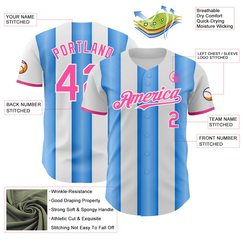 Custom White Pink-Electric Blue Gradient Vertical Stripe Argentina Style Authentic Baseball Jersey