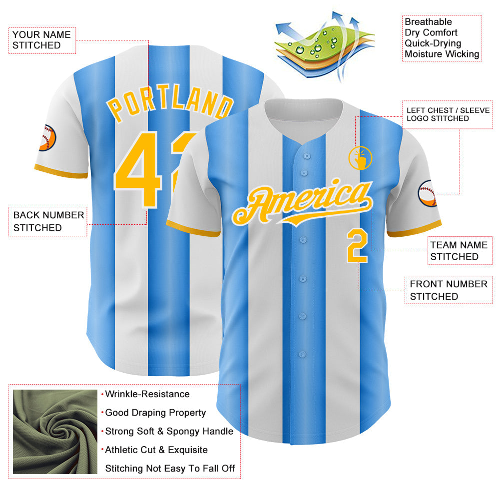 Custom White Gold-Electric Blue Gradient Vertical Stripe Argentina Style Authentic Baseball Jersey