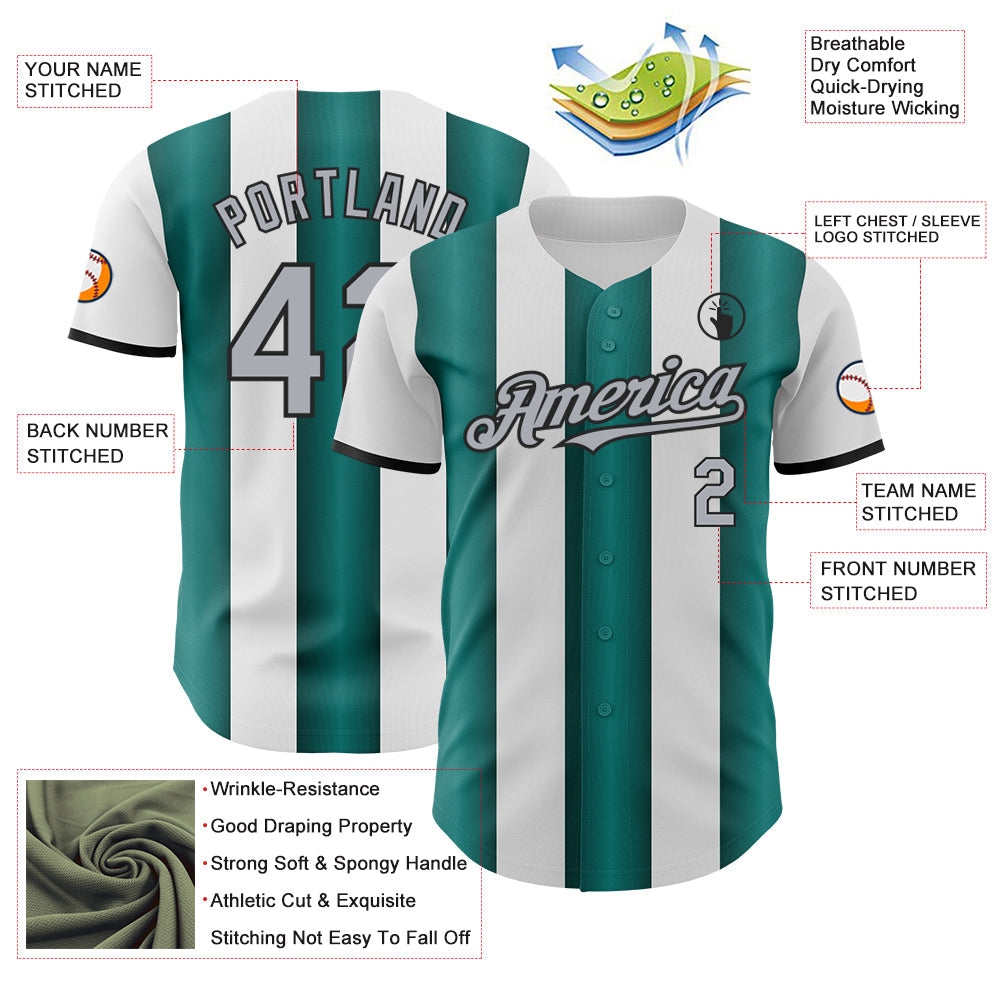 Custom White Gray Midnight Green-Black Gradient Vertical Stripe Argentina Style Authentic Baseball Jersey