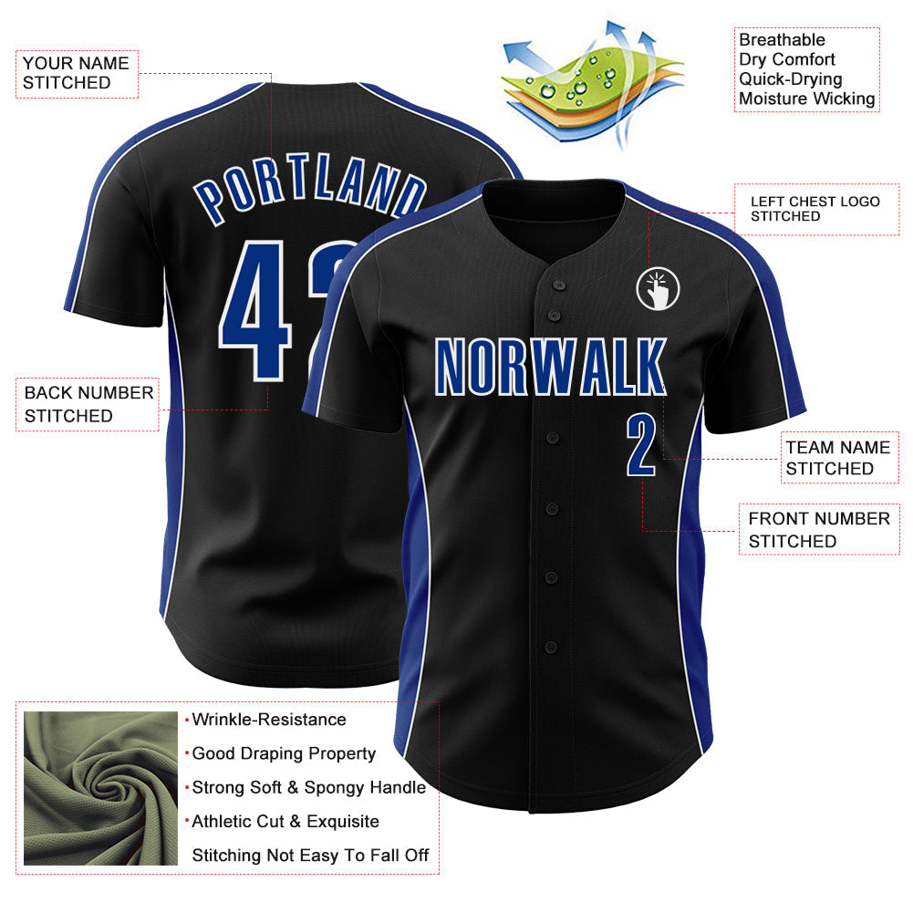 Custom Black Royal-White Classic Color Block Side Panel Stripe Authentic Baseball Jersey
