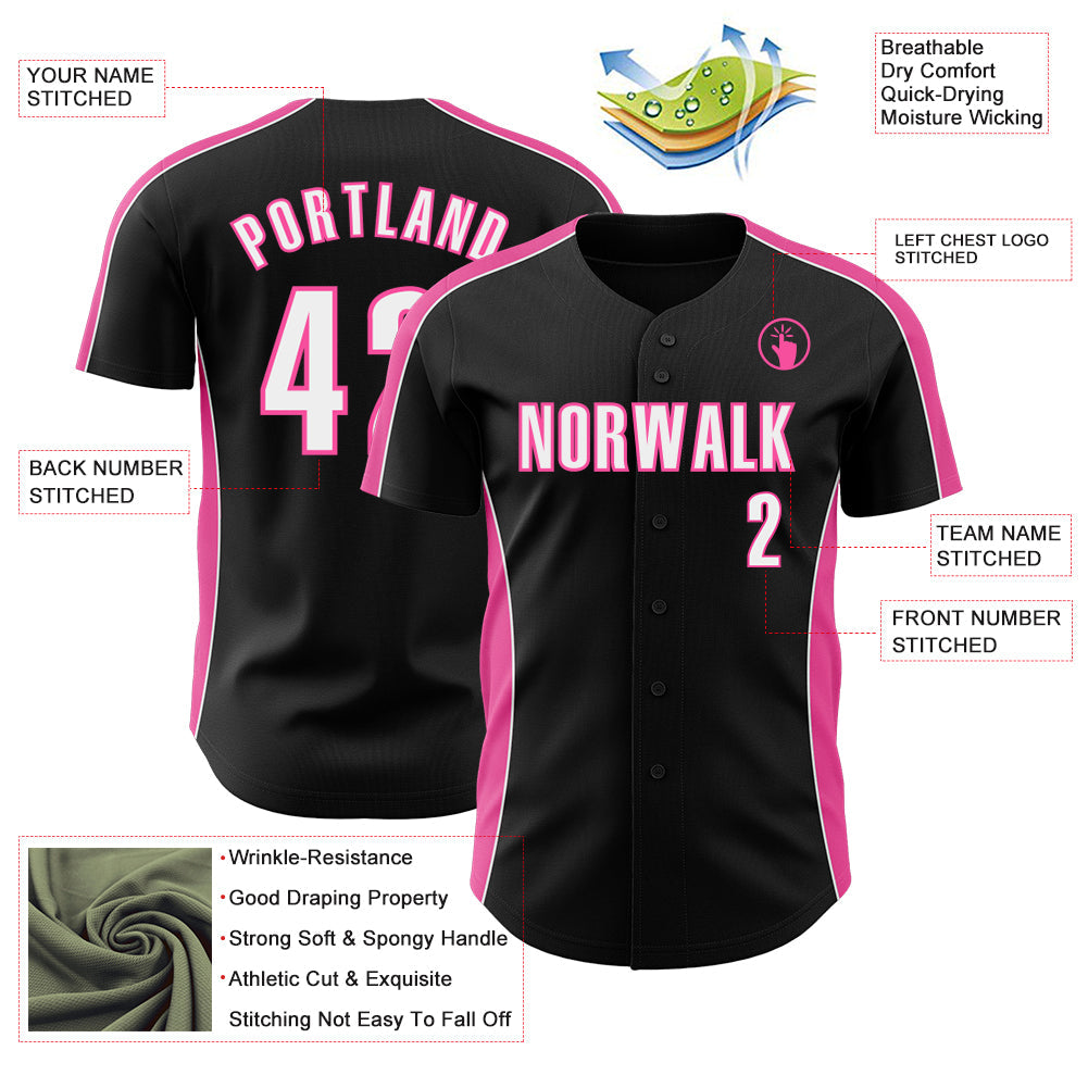 Custom Black White-Pink Classic Color Block Side Panel Stripe Authentic Baseball Jersey