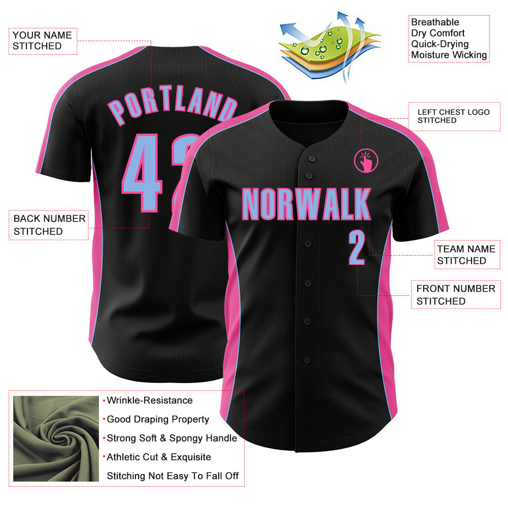 Custom Black Light Blue-Pink Classic Color Block Side Panel Stripe Authentic Baseball Jersey