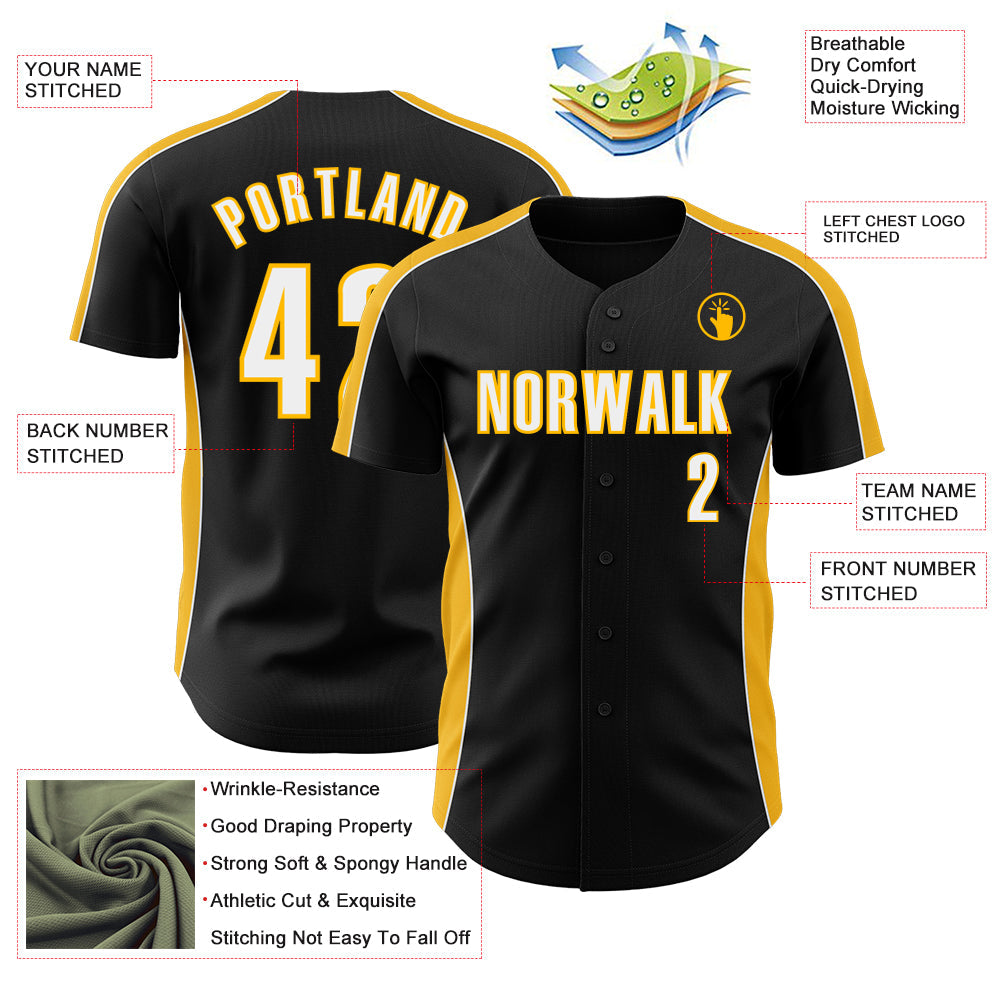 Custom Black White-Gold Classic Color Block Side Panel Stripe Authentic Baseball Jersey