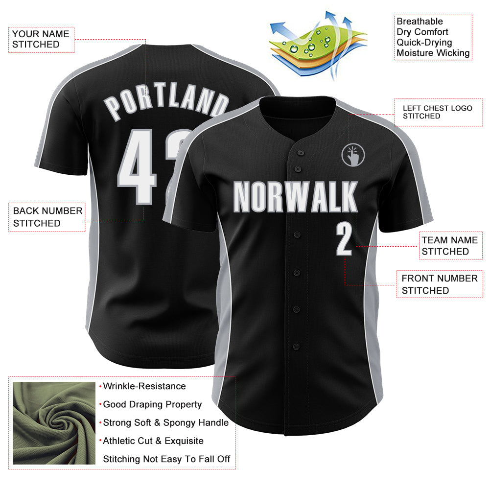 Custom Black White-Gray Classic Color Block Side Panel Stripe Authentic Baseball Jersey