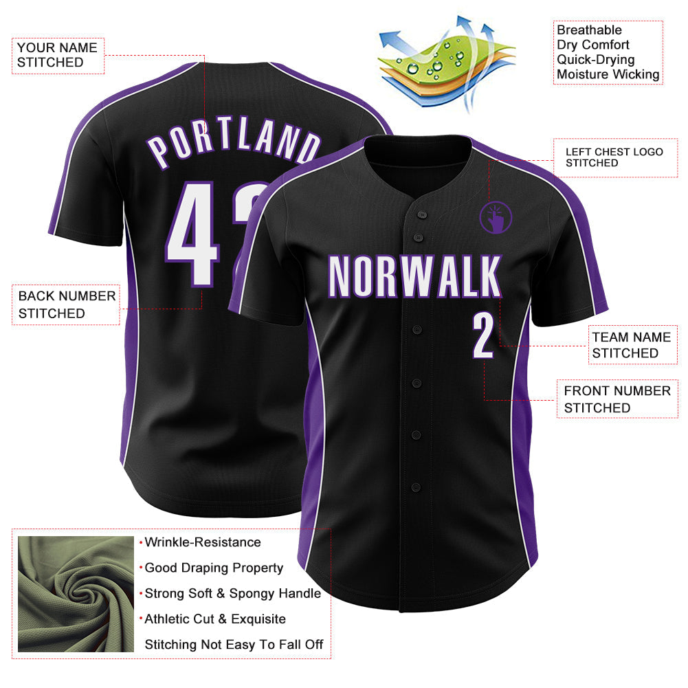 Custom Black White-Purple Classic Color Block Side Panel Stripe Authentic Baseball Jersey