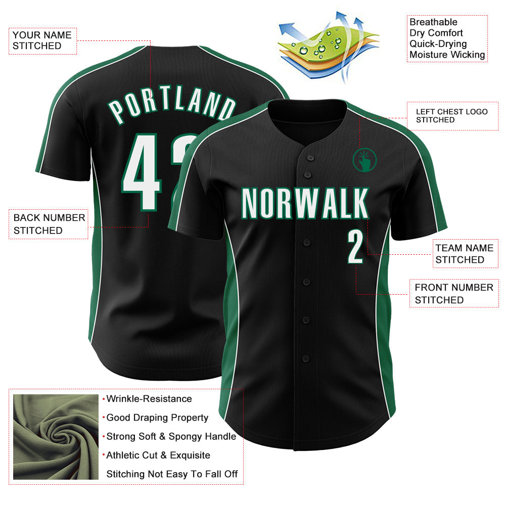 Custom Black White-Kelly Green Classic Color Block Side Panel Stripe Authentic Baseball Jersey