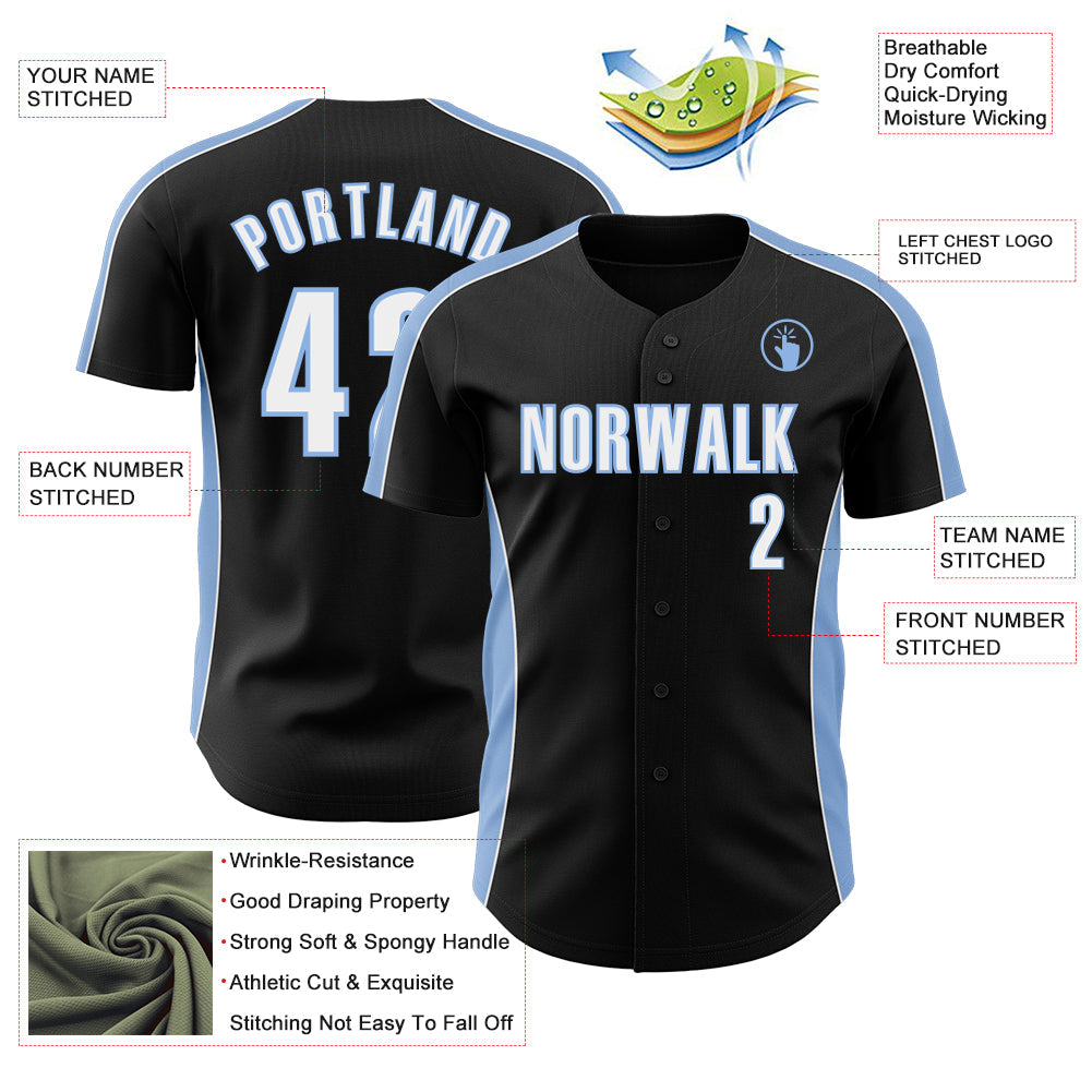 Custom Black White-Light Blue Classic Color Block Side Panel Stripe Authentic Baseball Jersey