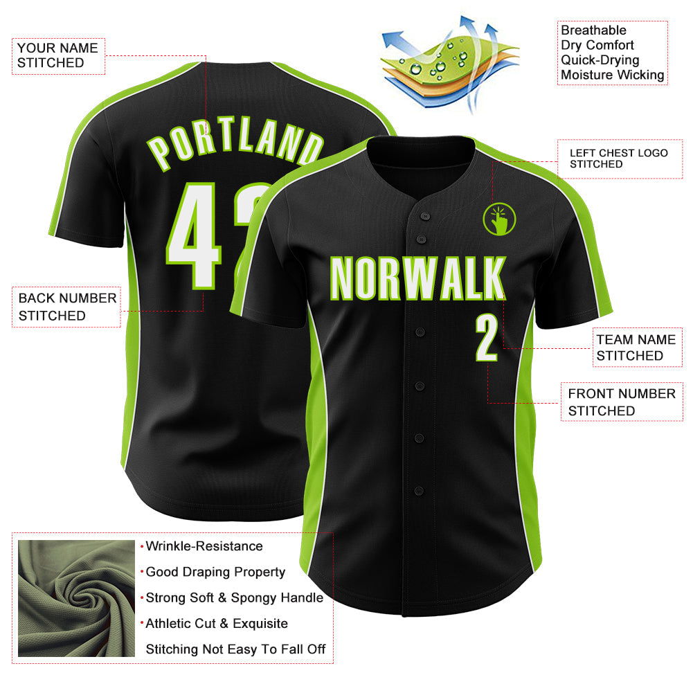 Custom Black White-Neon Green Classic Color Block Side Panel Stripe Authentic Baseball Jersey