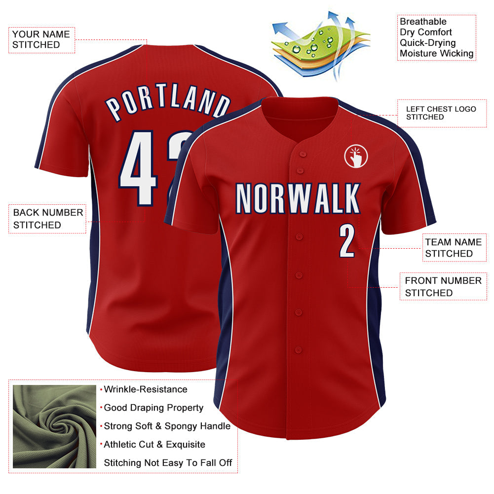 Custom Red White-Navy Classic Color Block Side Panel Stripe Authentic Baseball Jersey