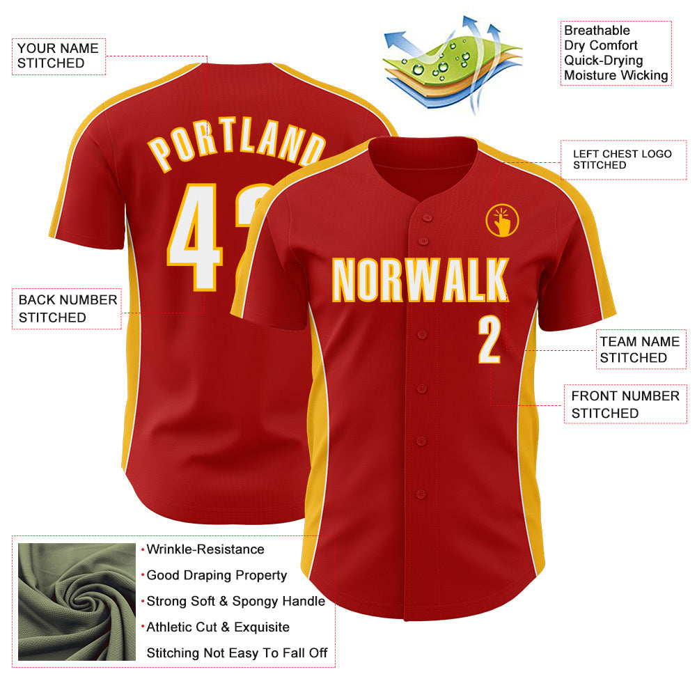 Custom Red White-Gold Classic Color Block Side Panel Stripe Authentic Baseball Jersey
