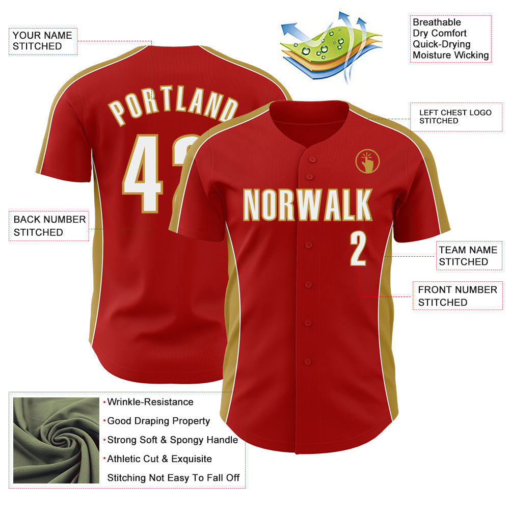 Custom Red White-Old Gold Classic Color Block Side Panel Stripe Authentic Baseball Jersey