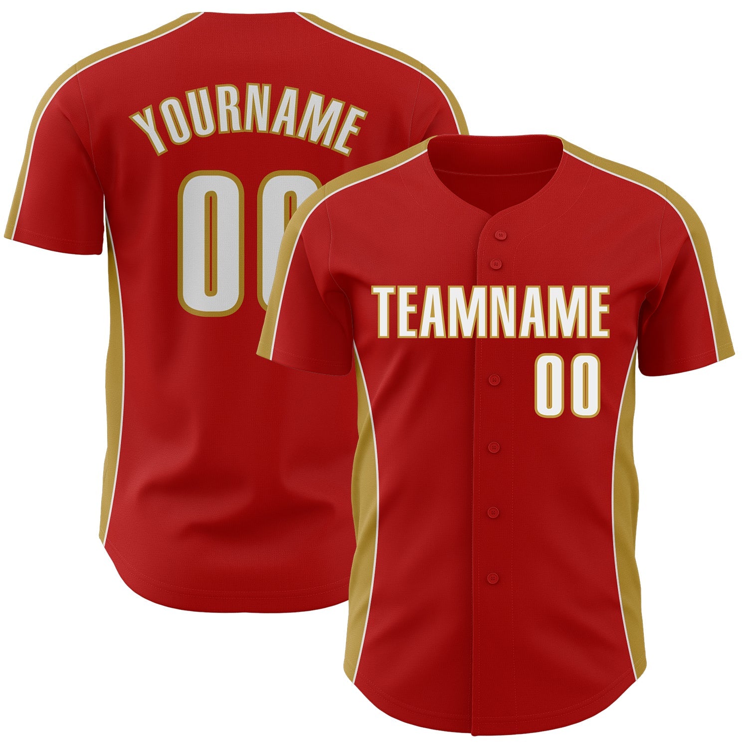 Custom Red White-Old Gold Classic Color Block Side Panel Stripe Authentic Baseball Jersey