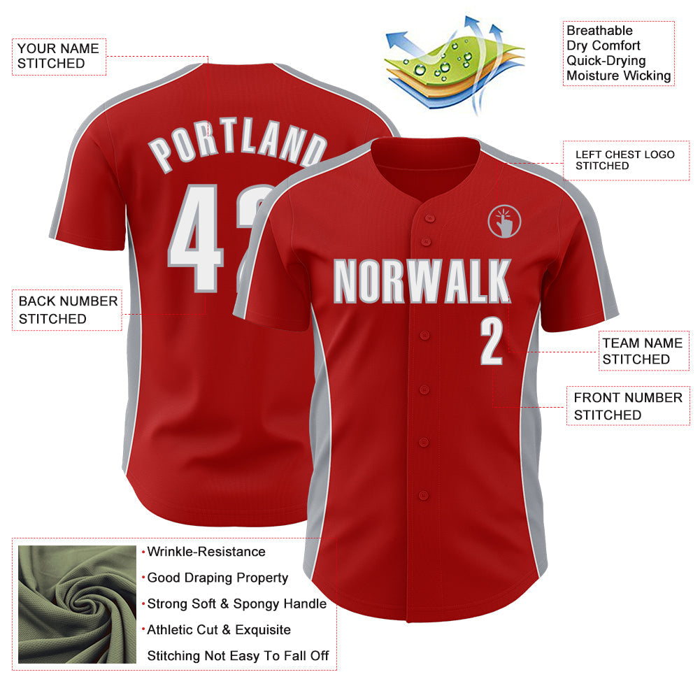 Custom Red White-Gray Classic Color Block Side Panel Stripe Authentic Baseball Jersey
