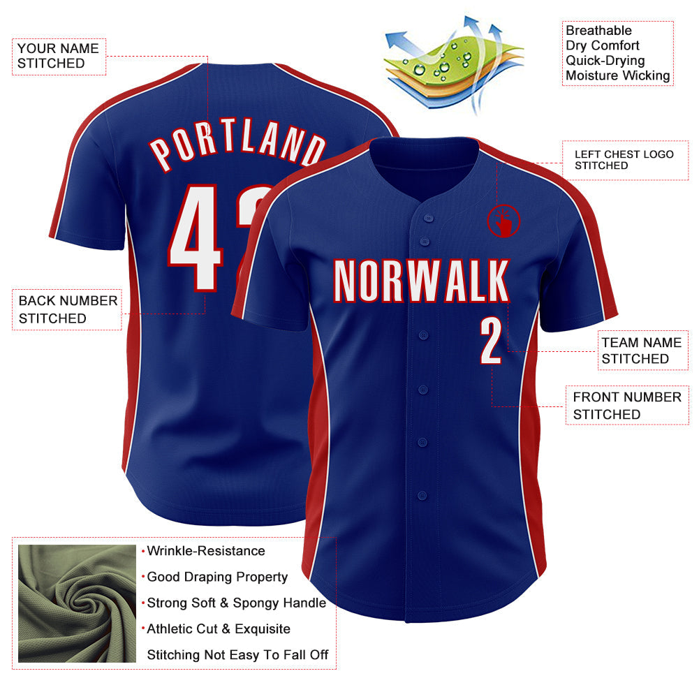 Custom Royal White-Red Classic Color Block Side Panel Stripe Authentic Baseball Jersey