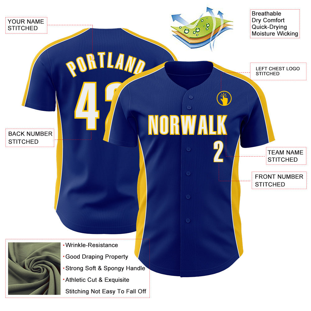 Custom Royal White-Yellow Classic Color Block Side Panel Stripe Authentic Baseball Jersey
