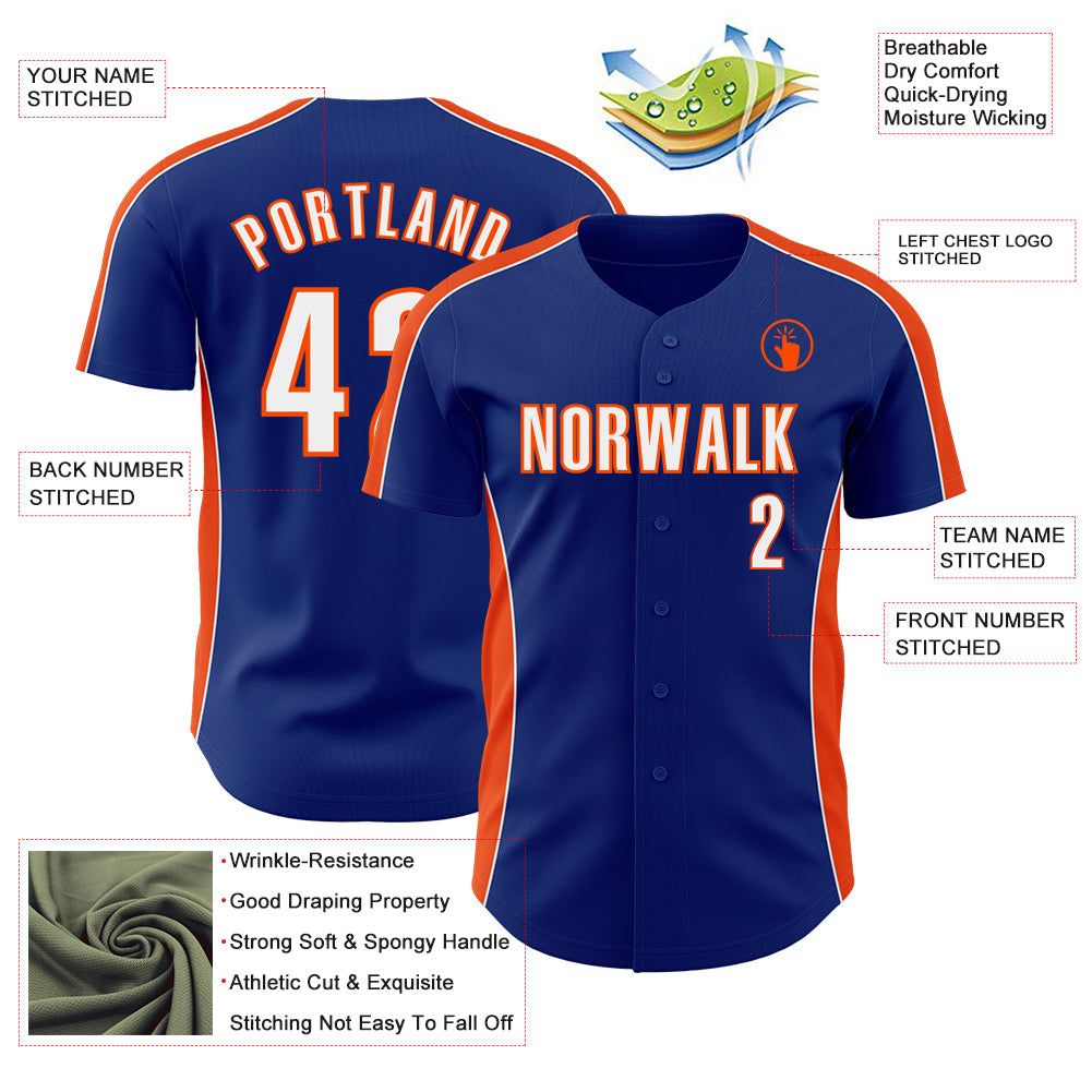 Custom Royal White-Orange Classic Color Block Side Panel Stripe Authentic Baseball Jersey