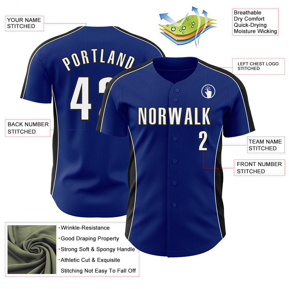 Custom Royal White-Black Classic Color Block Side Panel Stripe Authentic Baseball Jersey