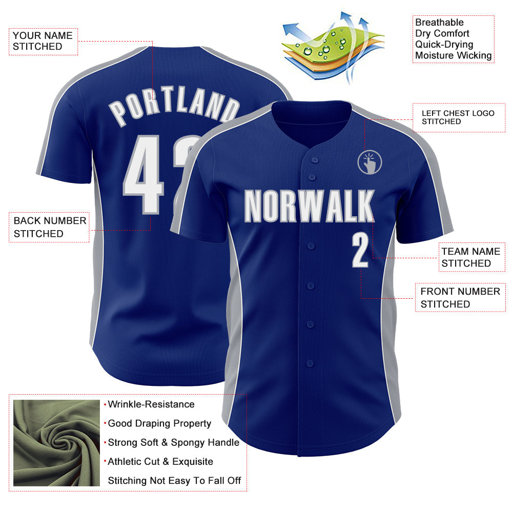 Custom Royal White-Gray Classic Color Block Side Panel Stripe Authentic Baseball Jersey