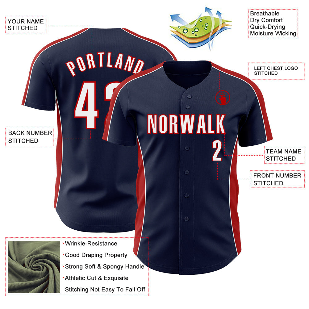 Custom Navy White-Red Classic Color Block Side Panel Stripe Authentic Baseball Jersey