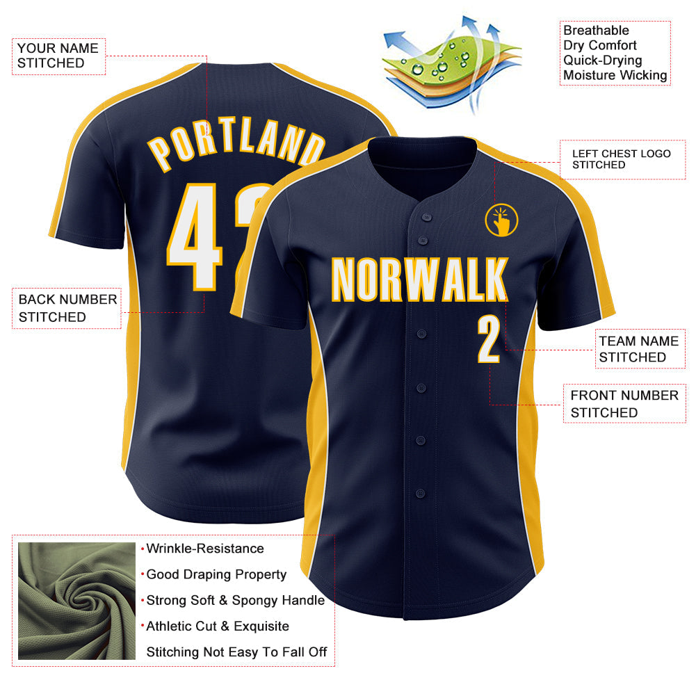 Custom Navy White-Gold Classic Color Block Side Panel Stripe Authentic Baseball Jersey
