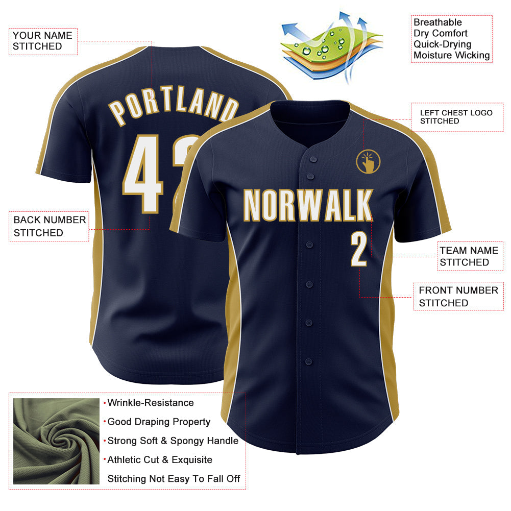 Custom Navy White-Old Gold Classic Color Block Side Panel Stripe Authentic Baseball Jersey