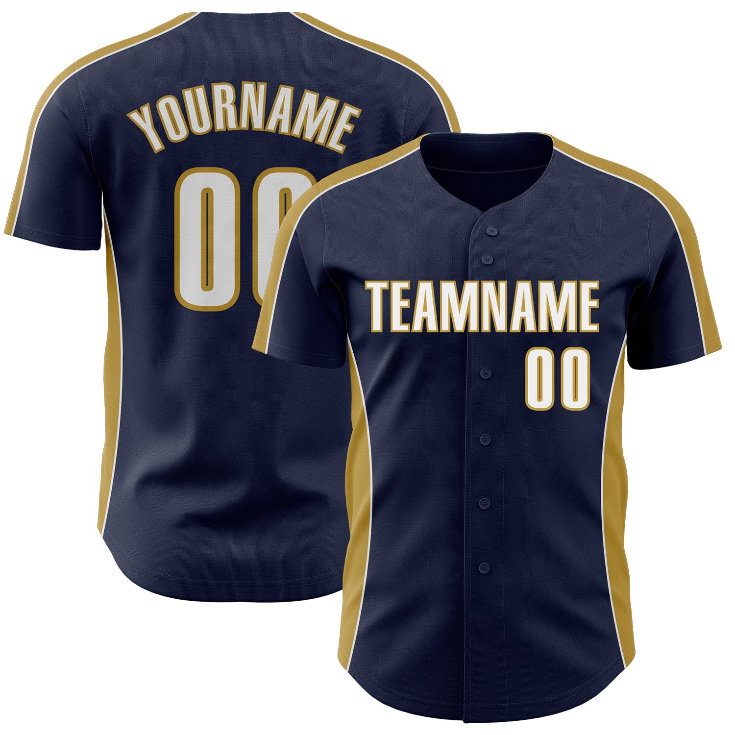 Custom Navy White-Old Gold Classic Color Block Side Panel Stripe Authentic Baseball Jersey
