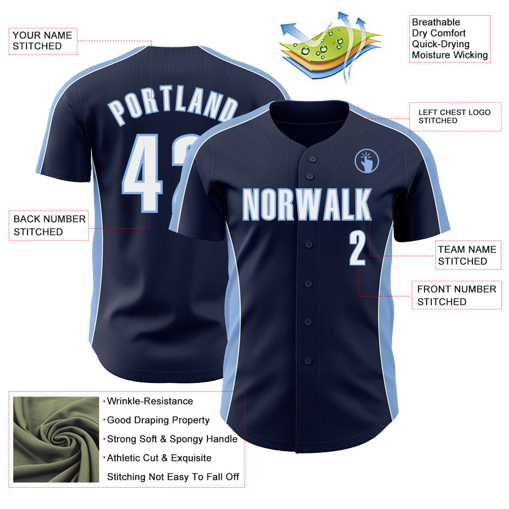 Custom Navy White-Light Blue Classic Color Block Side Panel Stripe Authentic Baseball Jersey