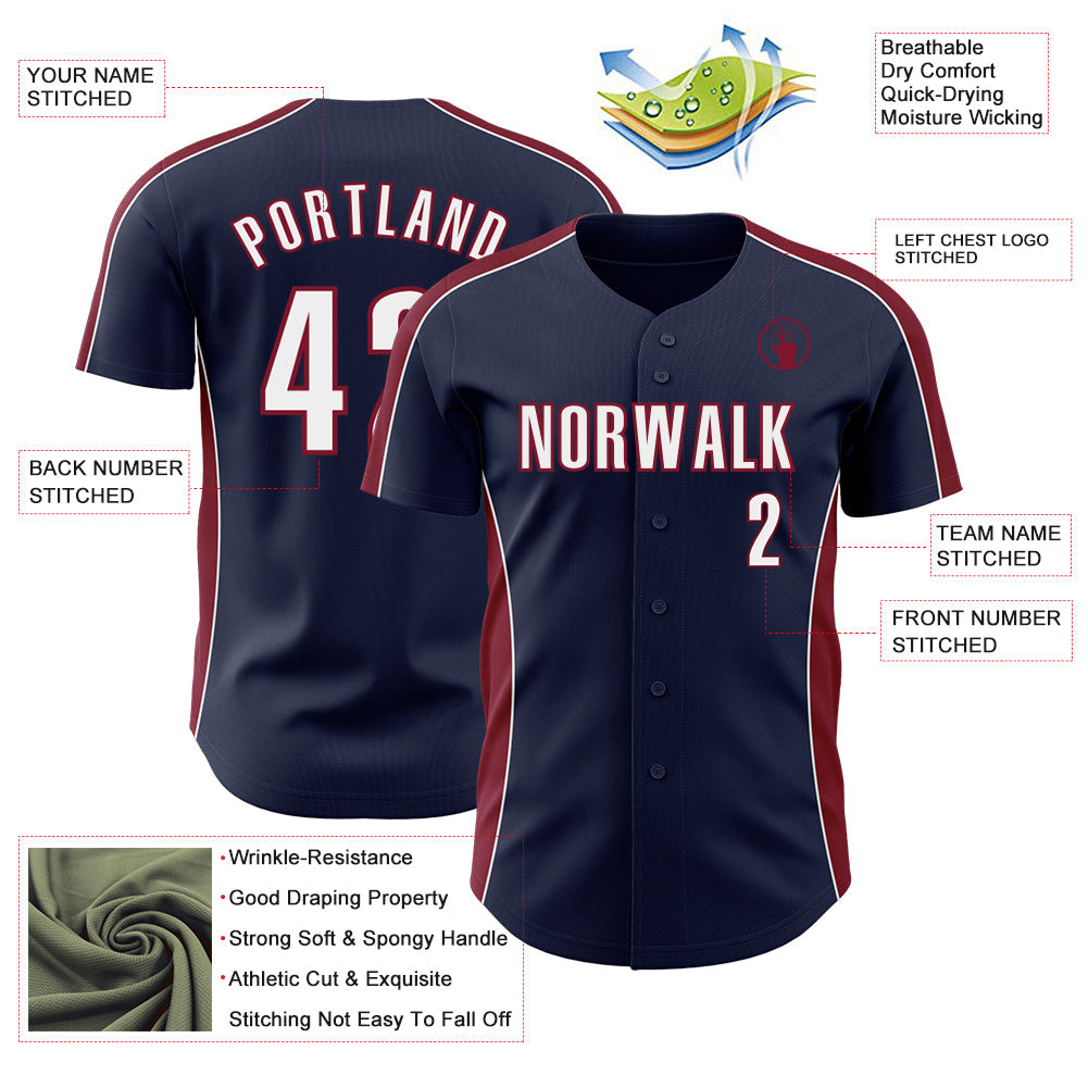Custom Navy White-Crimson Classic Color Block Side Panel Stripe Authentic Baseball Jersey
