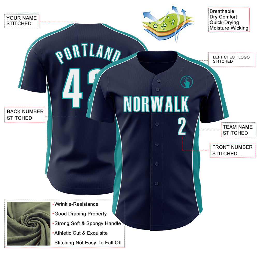 Custom Navy White-Teal Classic Color Block Side Panel Stripe Authentic Baseball Jersey