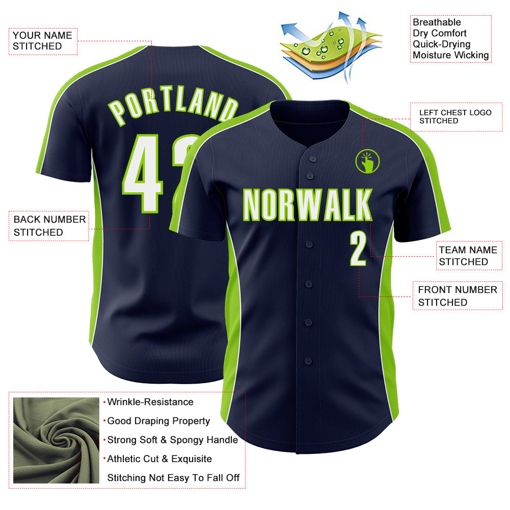 Custom Navy White-Neon Green Classic Color Block Side Panel Stripe Authentic Baseball Jersey