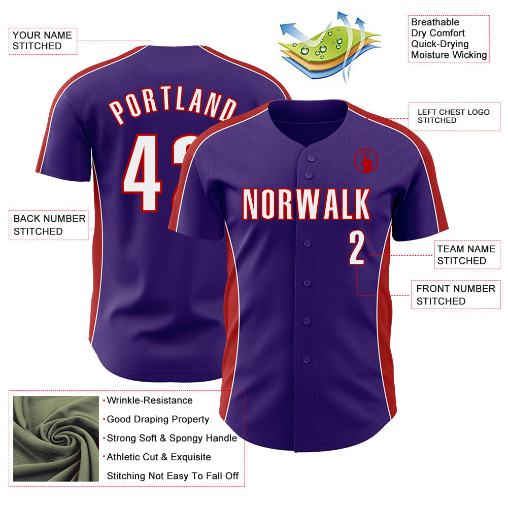 Custom Purple White-Red Classic Color Block Side Panel Stripe Authentic Baseball Jersey