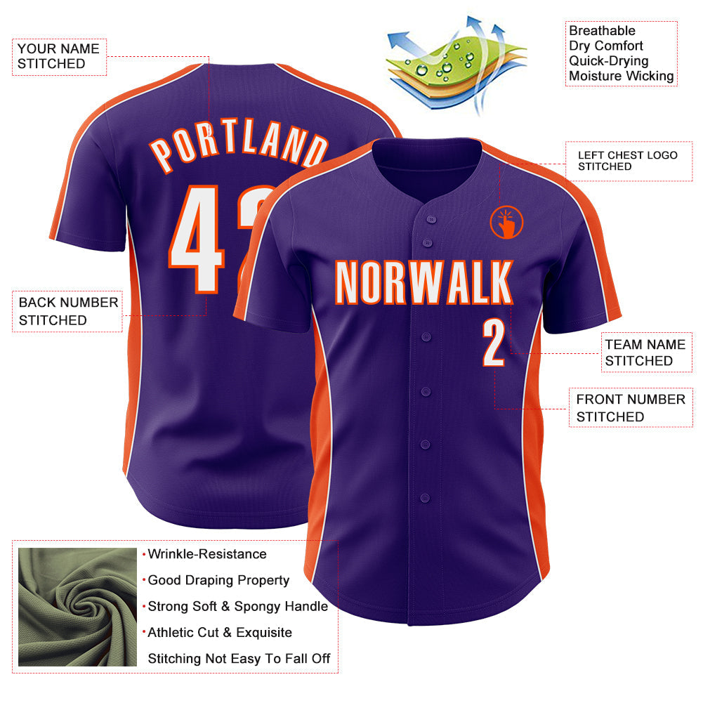 Custom Purple White-Orange Classic Color Block Side Panel Stripe Authentic Baseball Jersey