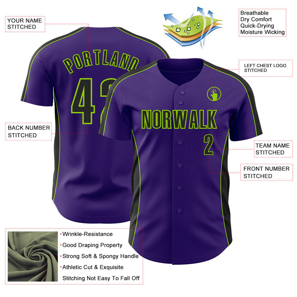 Custom Purple Black-Neon Green Classic Color Block Side Panel Stripe Authentic Baseball Jersey