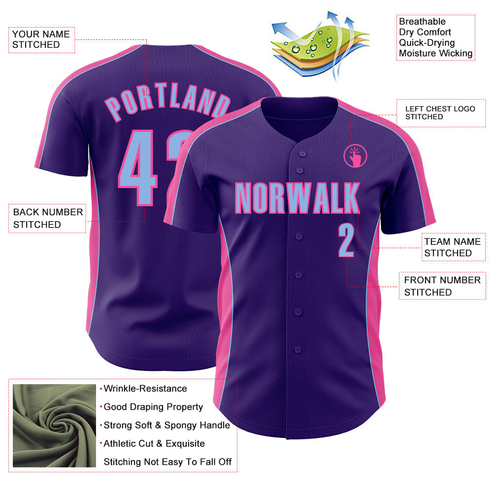 Custom Purple Light Blue-Pink Classic Color Block Side Panel Stripe Authentic Baseball Jersey