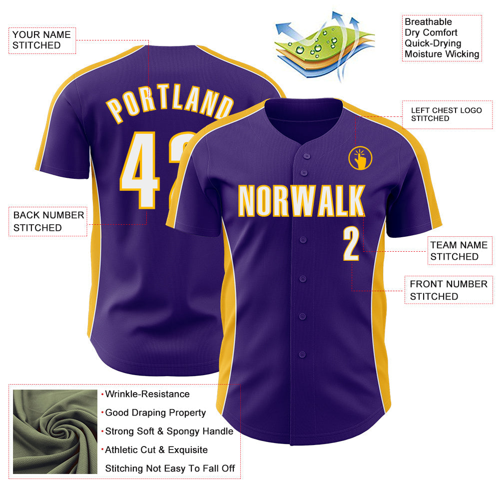 Custom Purple White-Gold Classic Color Block Side Panel Stripe Authentic Baseball Jersey