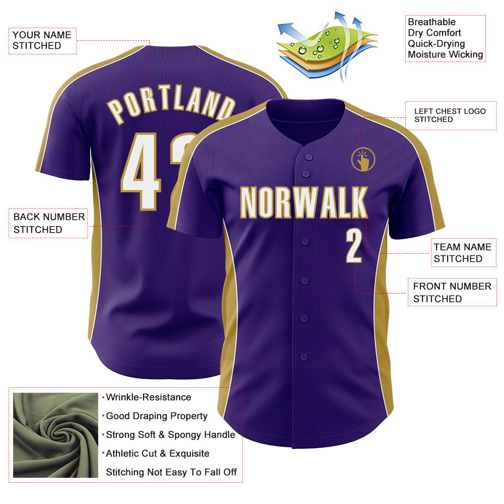 Custom Purple White-Old Gold Classic Color Block Side Panel Stripe Authentic Baseball Jersey