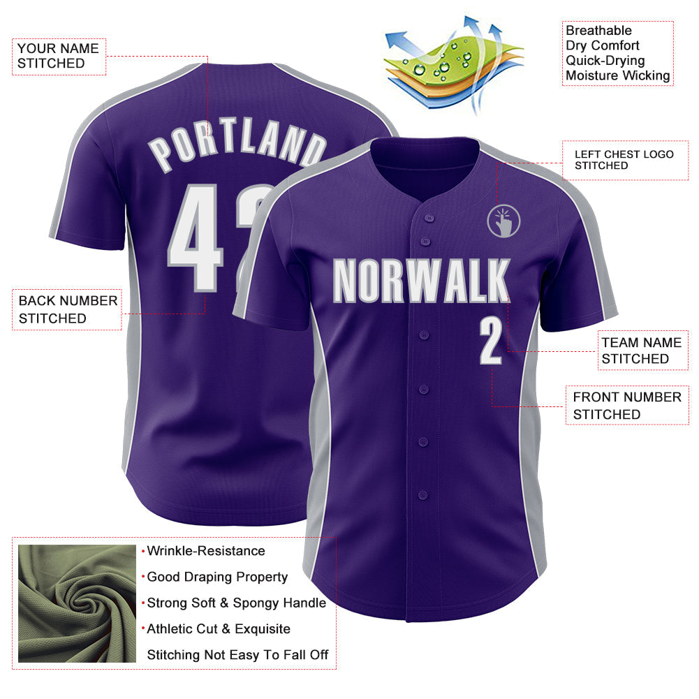 Custom Purple White-Gray Classic Color Block Side Panel Stripe Authentic Baseball Jersey