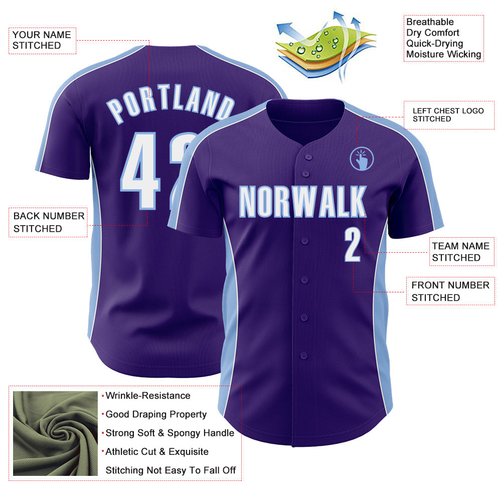 Custom Purple White-Light Blue Classic Color Block Side Panel Stripe Authentic Baseball Jersey