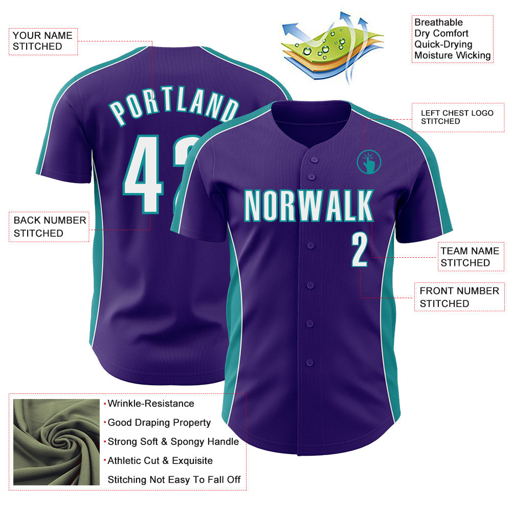 Custom Purple White-Teal Classic Color Block Side Panel Stripe Authentic Baseball Jersey