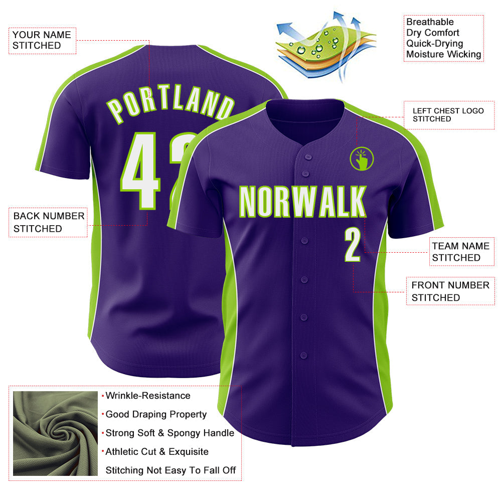 Custom Purple White-Neon Green Classic Color Block Side Panel Stripe Authentic Baseball Jersey